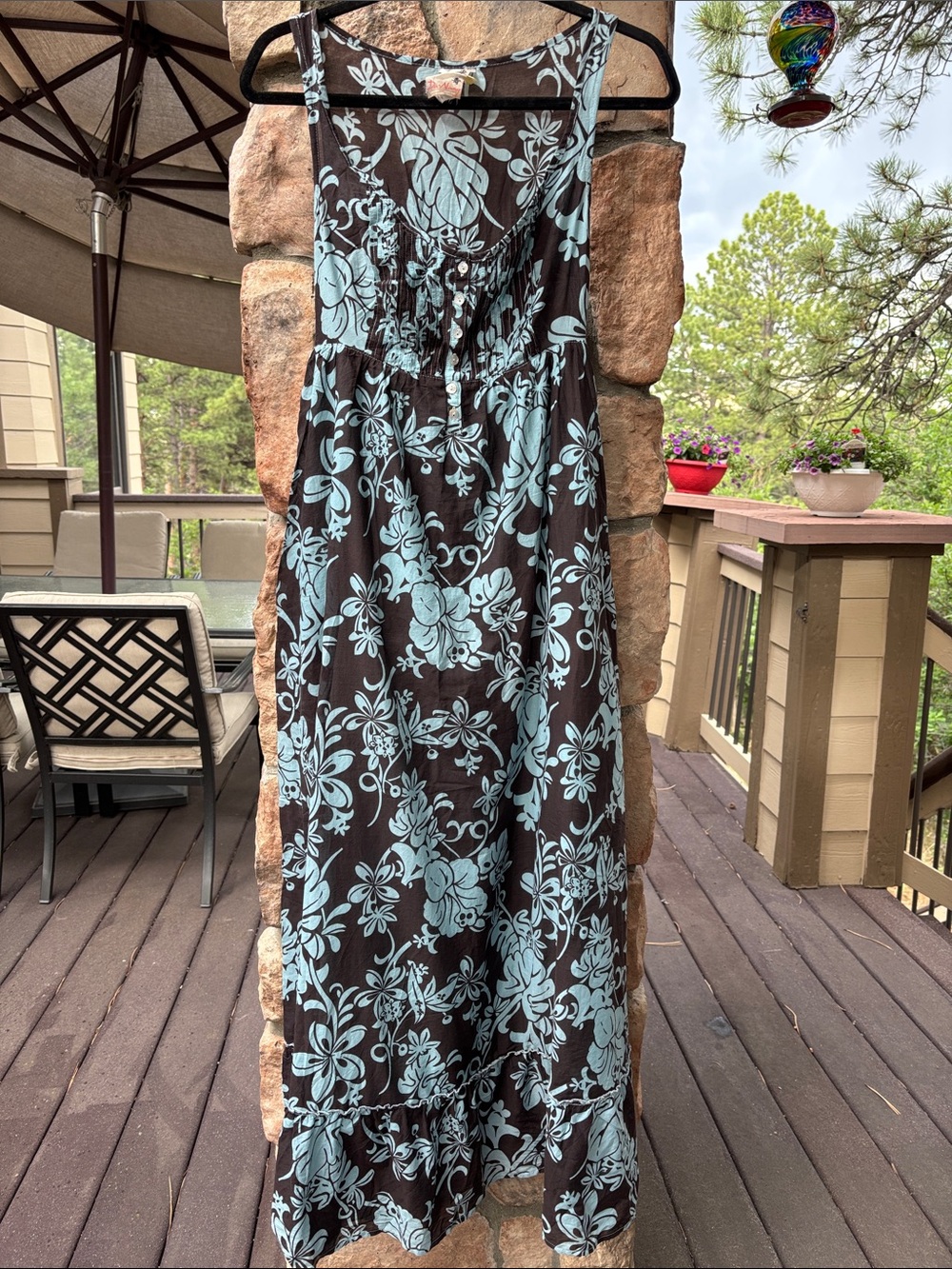 NEW! Da-Nang Chocolate Brown Aqua Blue Maxi Dress Hawaiian Tropical Floral Print